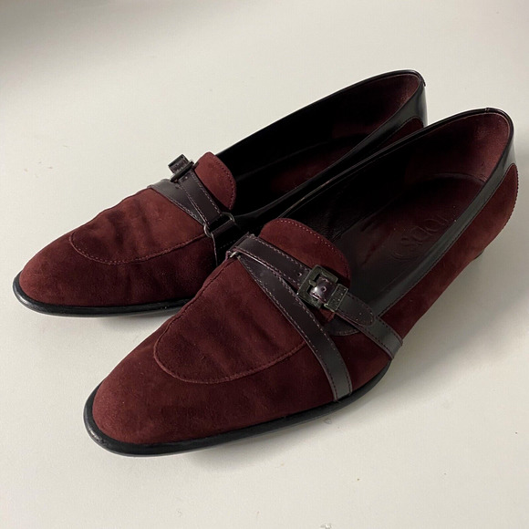 TOD's Loafer Round Toe Burgundy Red Suede Buckle Leather Strap 0.75" Hee… - Picture 5 of 11